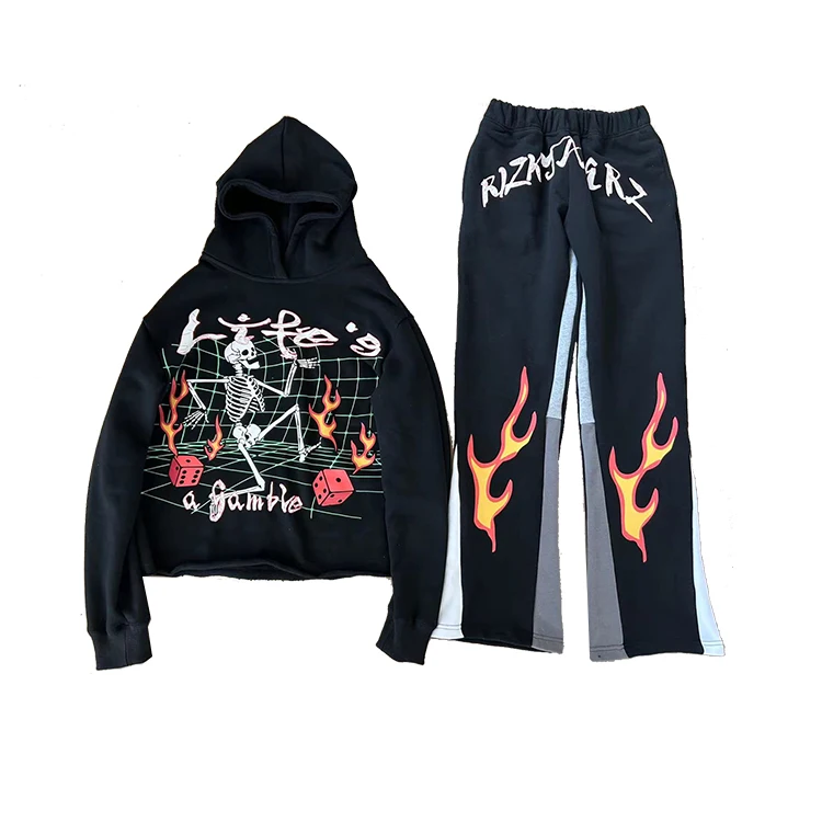 Wholesale Fashion Street Wear Custom Printing Cut Edge Hoodies Sweatpants Blank Raw Hem Oversized Hoodie Set For Men