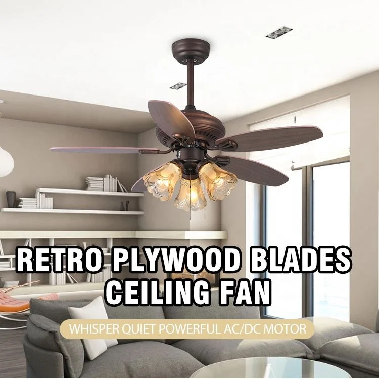 Retro Style Electric Ceiling Fan With Light Plywood E27 Remote Control Ceiling Lamp