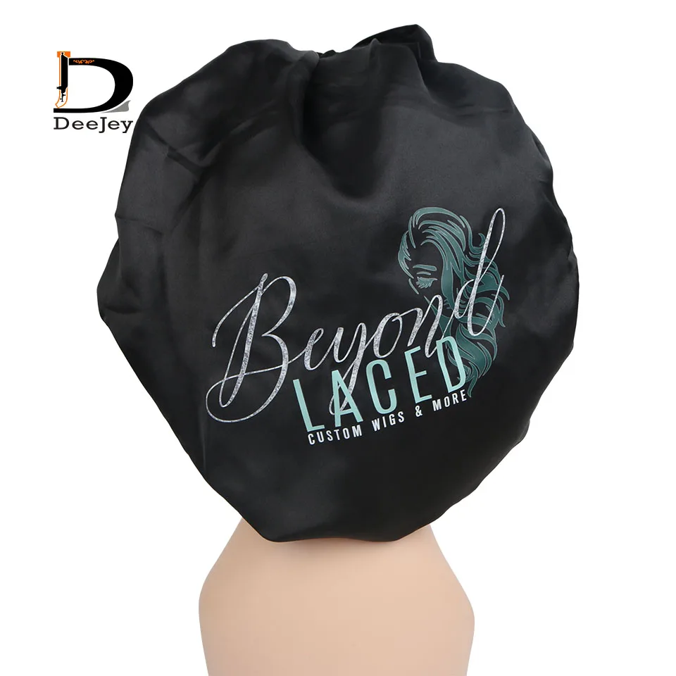 Custom Logo Glitter Diamond Satin Bonnets with Rhinestone Band Double Layer Bonnets and Satin Hair Edge Wraps