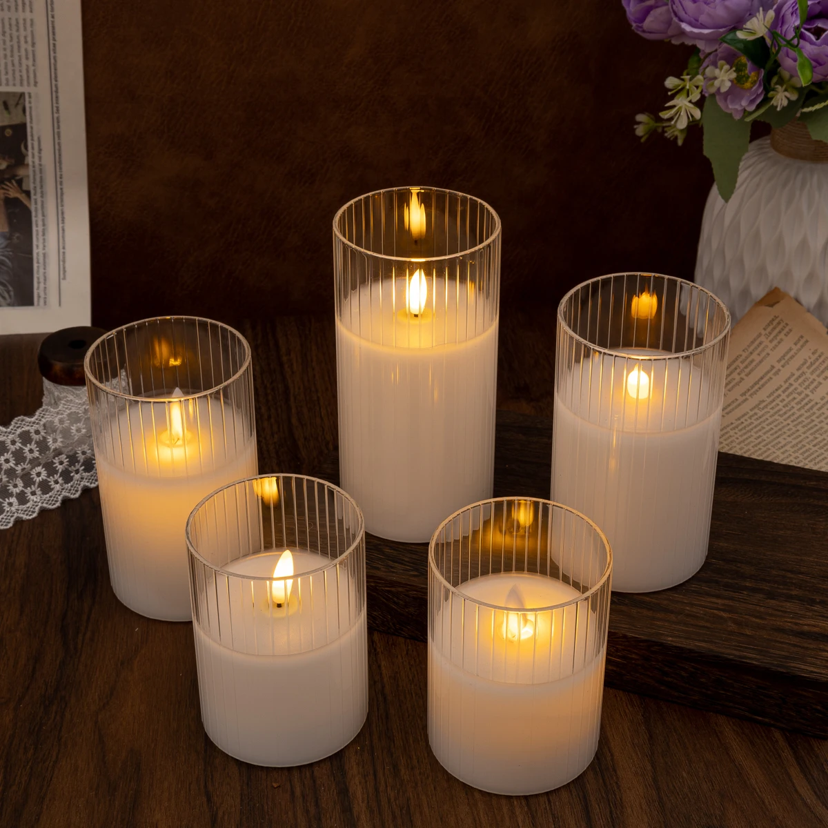 Striped Roman column Glass Jar Led Wax Candle Simulated Led Candle with Moving Wick Flameless for Romantic Wedding Decorative