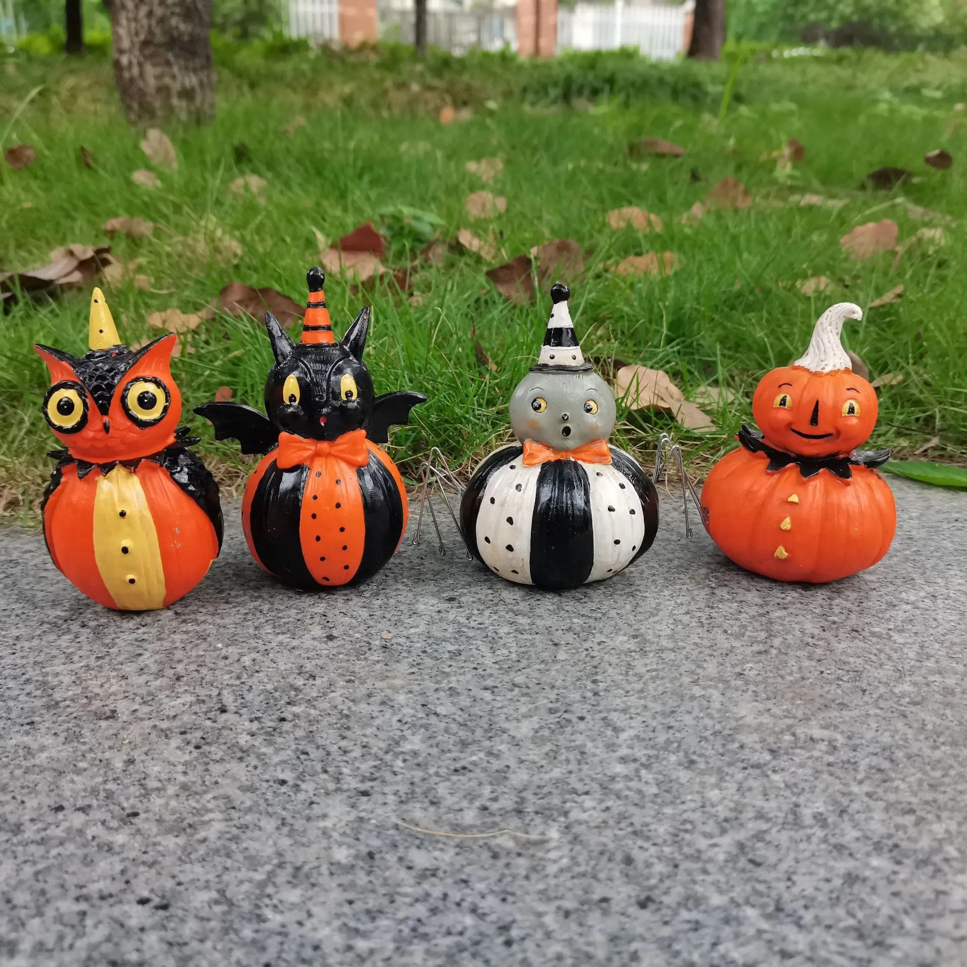 Creative Retro Painted Black Cat Pumpkin Goblin Fun Scene Halloween Decoration Ornaments Resin Crafts 4-piece Set