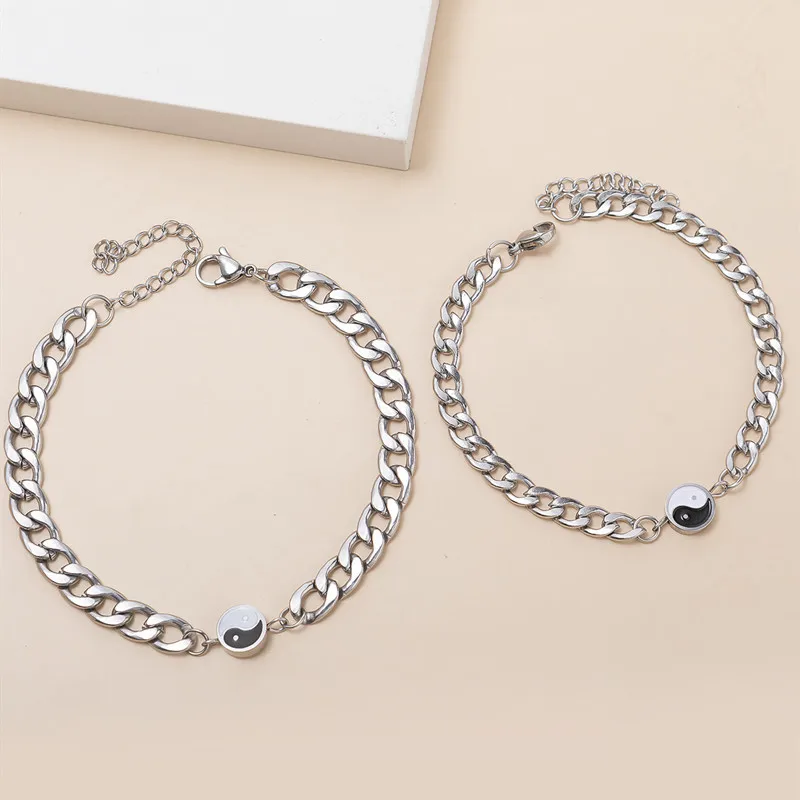 2Pcs/Set Tai Chi Charm Bracelet Yin Yang Pendant Stainless Steel Bracelets for Couples Men Women Friendship Bracelets
