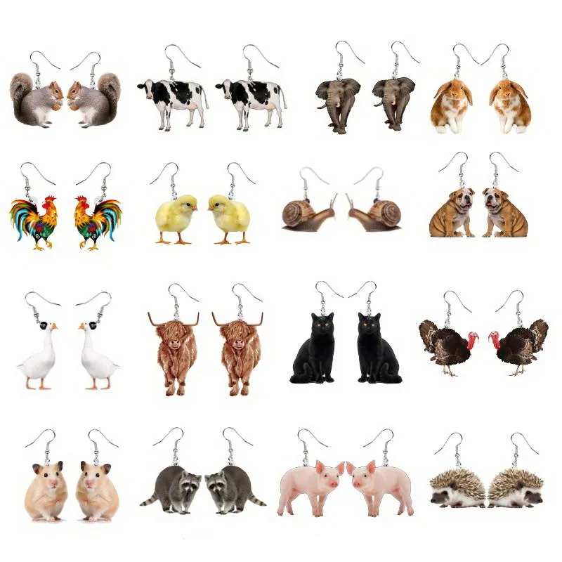 Mixed Lot Wholesale Women Girls Acrylic Rooster Cow Pig Hedgehog Squirrel Rabbit Cat Puppy Printed Animal Design Funny Earrings