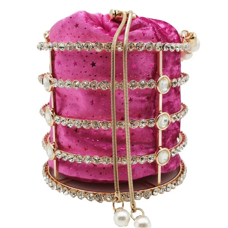 
Fashion Shinny Luxury Party Women Pearl Rhinestone Chains Bucket Metal Evening Handbag Clutch Bag Crystal Wedding Handbags 