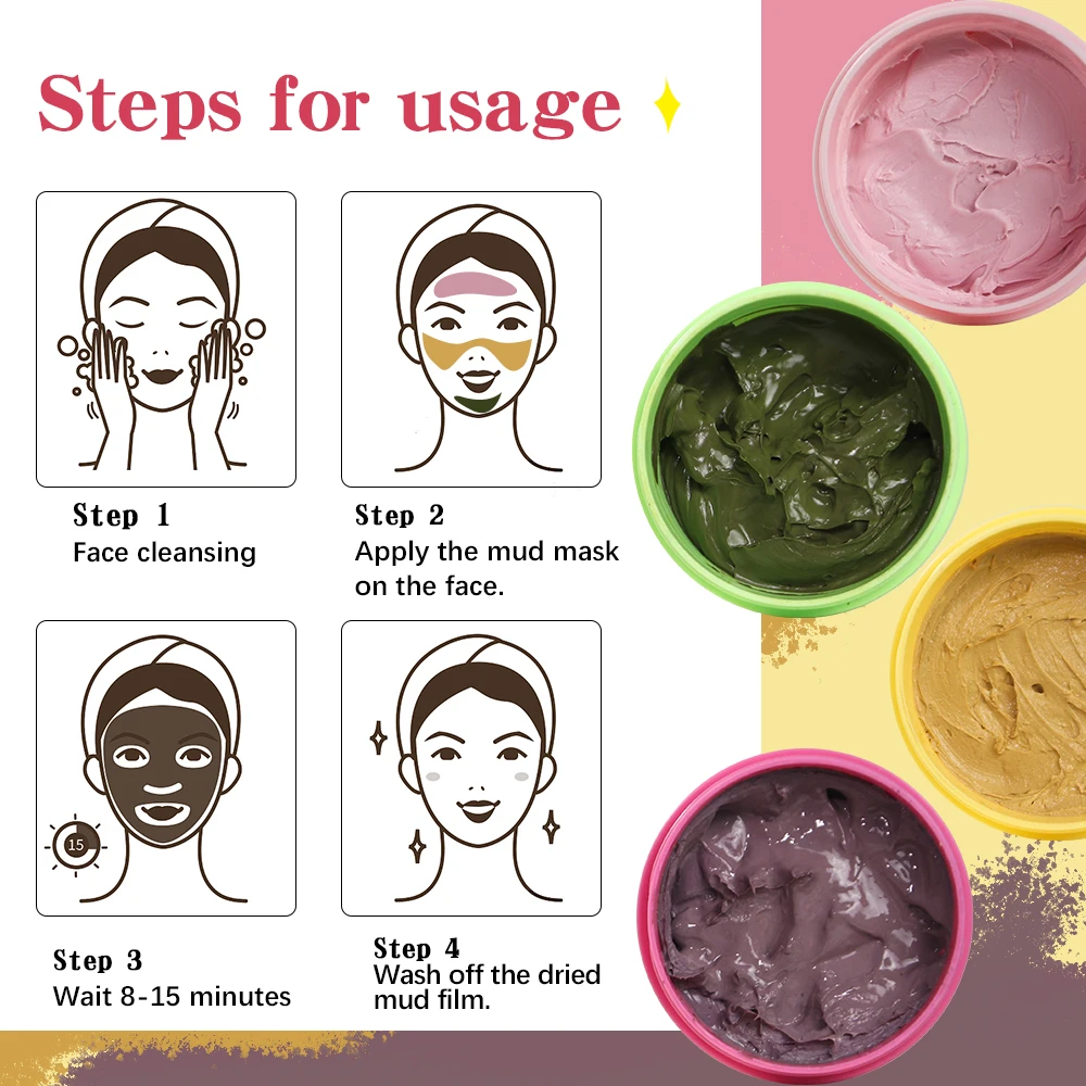 Skin Care Rose Turmeric Matcha Eggplant Pink Whitening Acne Christmas Gift Mud Clay Mask Set With Hair Band&Brush