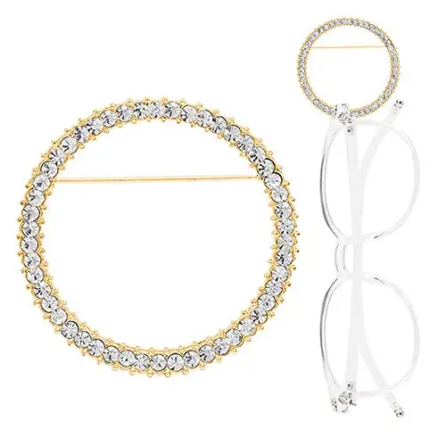 Amazon Eyeglasses Holder Brooch Reading Glasses Holder Simple Crystal Rhinestone Round Circle Ring Pin Brooch