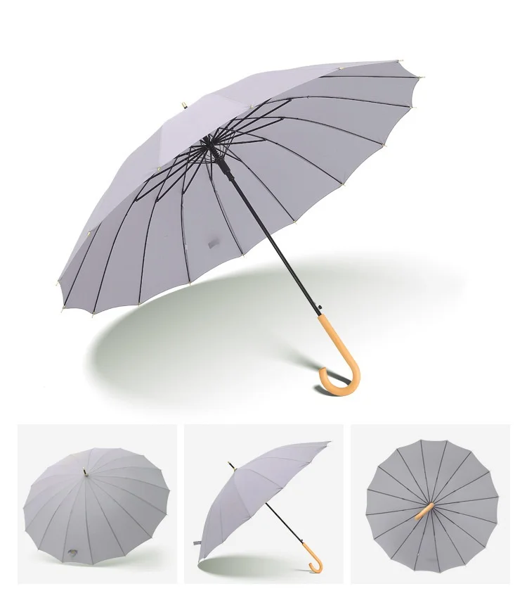 China supplier Straight Umbrella 16 ribs wind protect stick umbrella Modern design wood handle parasol