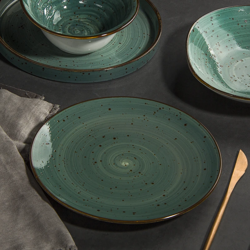 Vintage Green Glazed Plates Sets Dinnerware Restaurant Hotel Supplies Dinner Plates Rustic Ceramic Shallow Dishes Plates Set