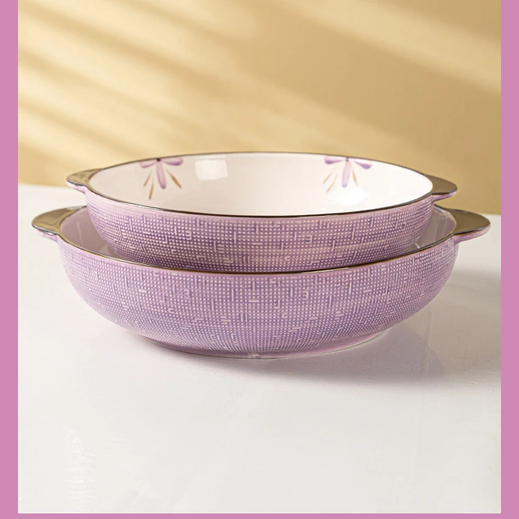 Purple Tableware Household Good-looking Ceramic Noddle Large Capacity Binaural Soup Bowl Boiled Fish with Pickled Cabbage