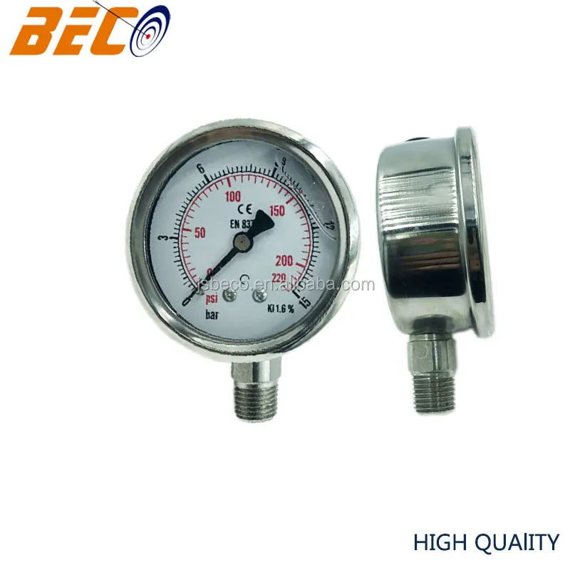 60mm 15Bar Full Stainless Steel Oil Filled Bourdon Tube Pressure Gauge With Bottom Connection