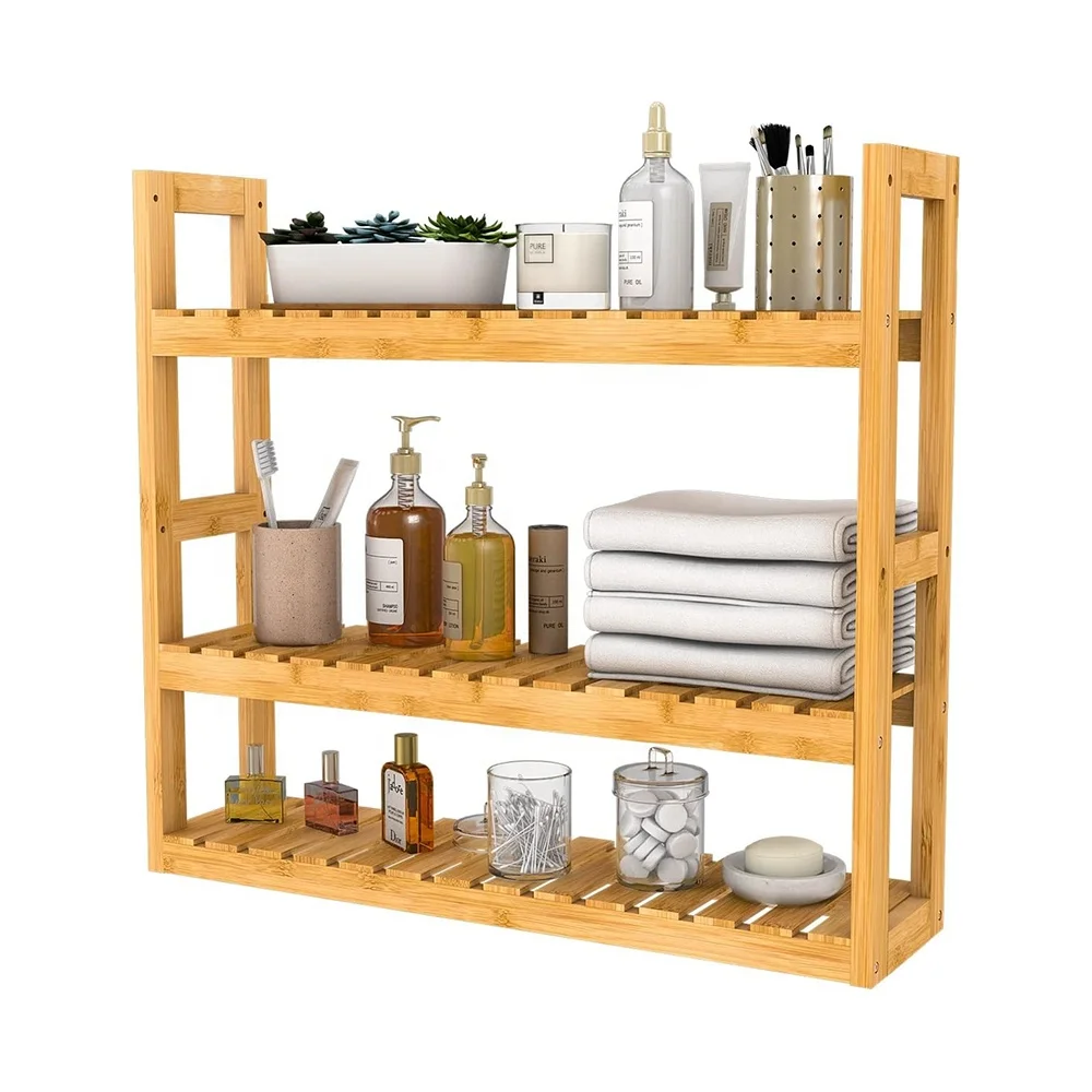 Настенные полки из бамбука 3 уровня, многофункциональная стойка для хранения для кухни и ванной комнаты, приспособленная для использования в гостиной