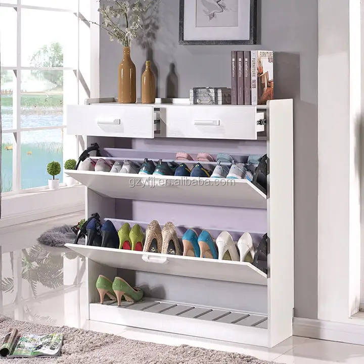 Contemporary White Custom Made Shoe Cabinet Malaysia Design with Top Drawers 1009