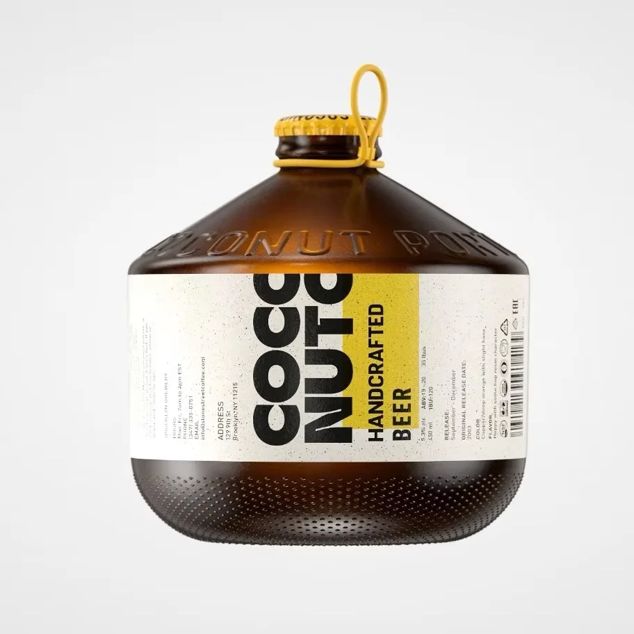 Recyclable large size round amber brown clear beverage kombucha glass bottle 1L 2L Glass Wine Bottles for Beer with Black Lid