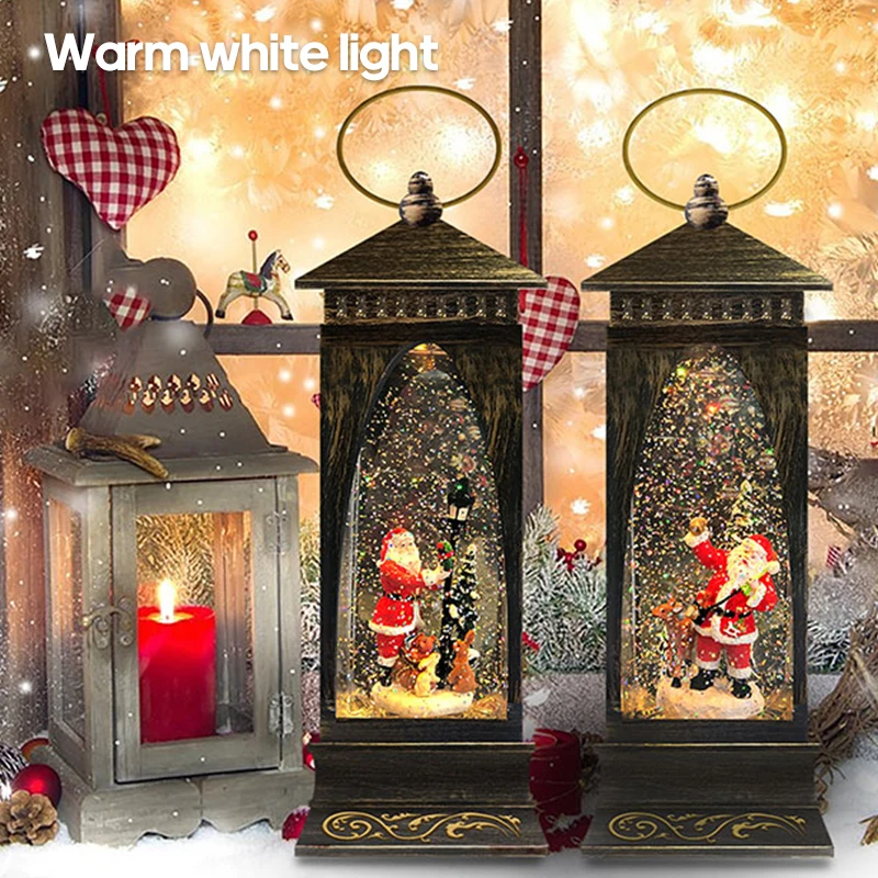Hot Sale Metal Snow Globe Light Music Battery Operated Christmas Snowing Lamp Lantern For Gift