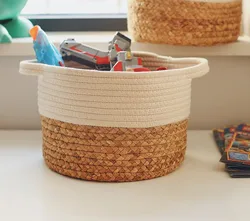 Decorative Hand-woven Cotton Rope with Water Hyacinth Basket Wicker Storage Basket Natural Household Hand Woven Basket Round