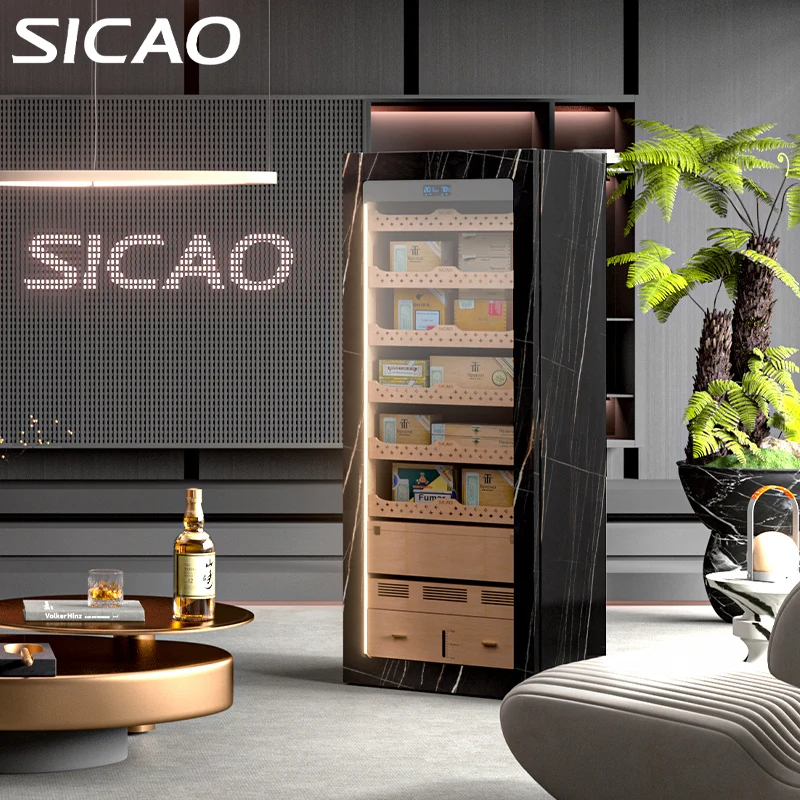 SICAO CS1800 Intelligent Digital Display Cigar Cabinet Cooler 495L R600a Holds 2000-3000 Cigars Natural Spanish Cedar Wood black
