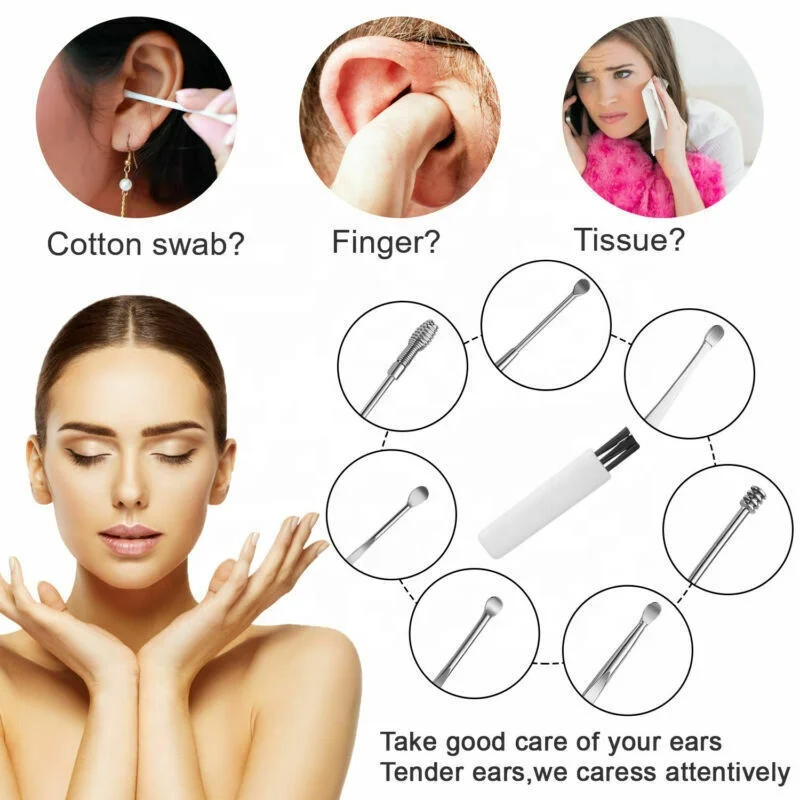 FYD 8 pcs Yellow Ear Cleaner Kits Stainless Steel Earpick Earwax Remover Spoon Spiral Ear Cleaning Tool