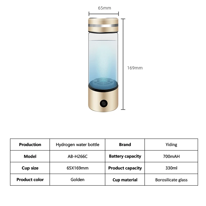 USB Rechargeable 300ml Glass Alkaline Hydrogen Water Bottle Custom Logo Portable Personal Care Appliance