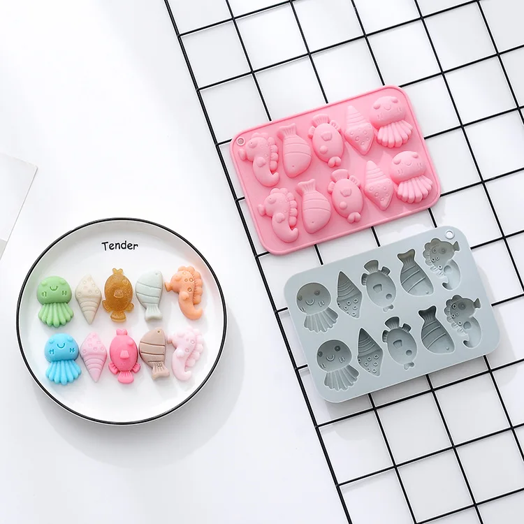10 Cavity Reusable Carton Cute Marine Organism Shape Silicone Chocolates Candy Baking Cake Mould For Kitchen