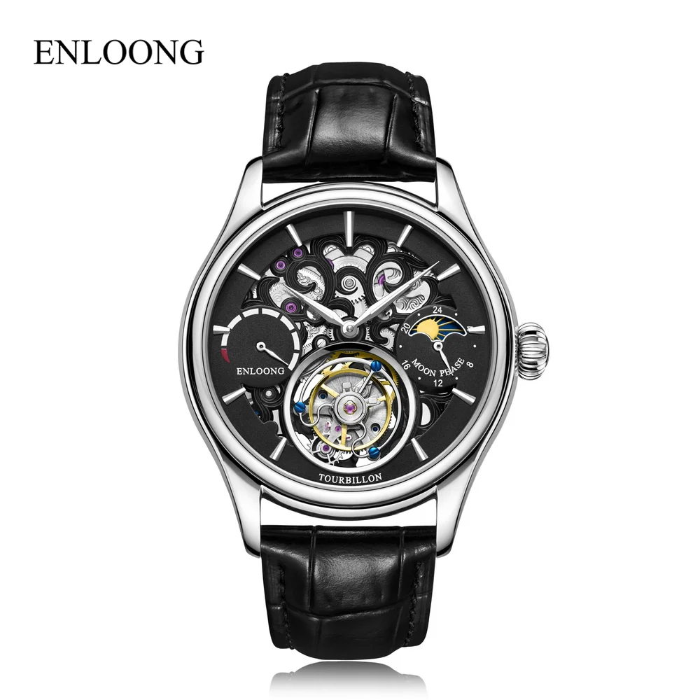 ENLOONG  Power Show Machine Skeleton Wristwatch Mechanical Mens Watch Movement Chinese Tourbillon Watches