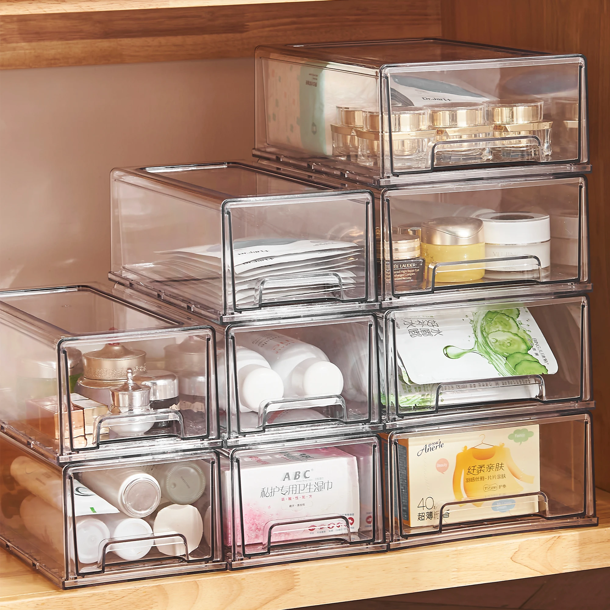 Chenyi Transparent Desktop Storage Containers Plastic Storage Box Dustproof Plastic Storage Bins with Simple Drawer Type