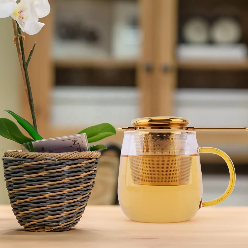 Gold Stainless Steel Tea Infuser Strainer Basket for Loose Leaf Tea with Lid and Fixed Handle