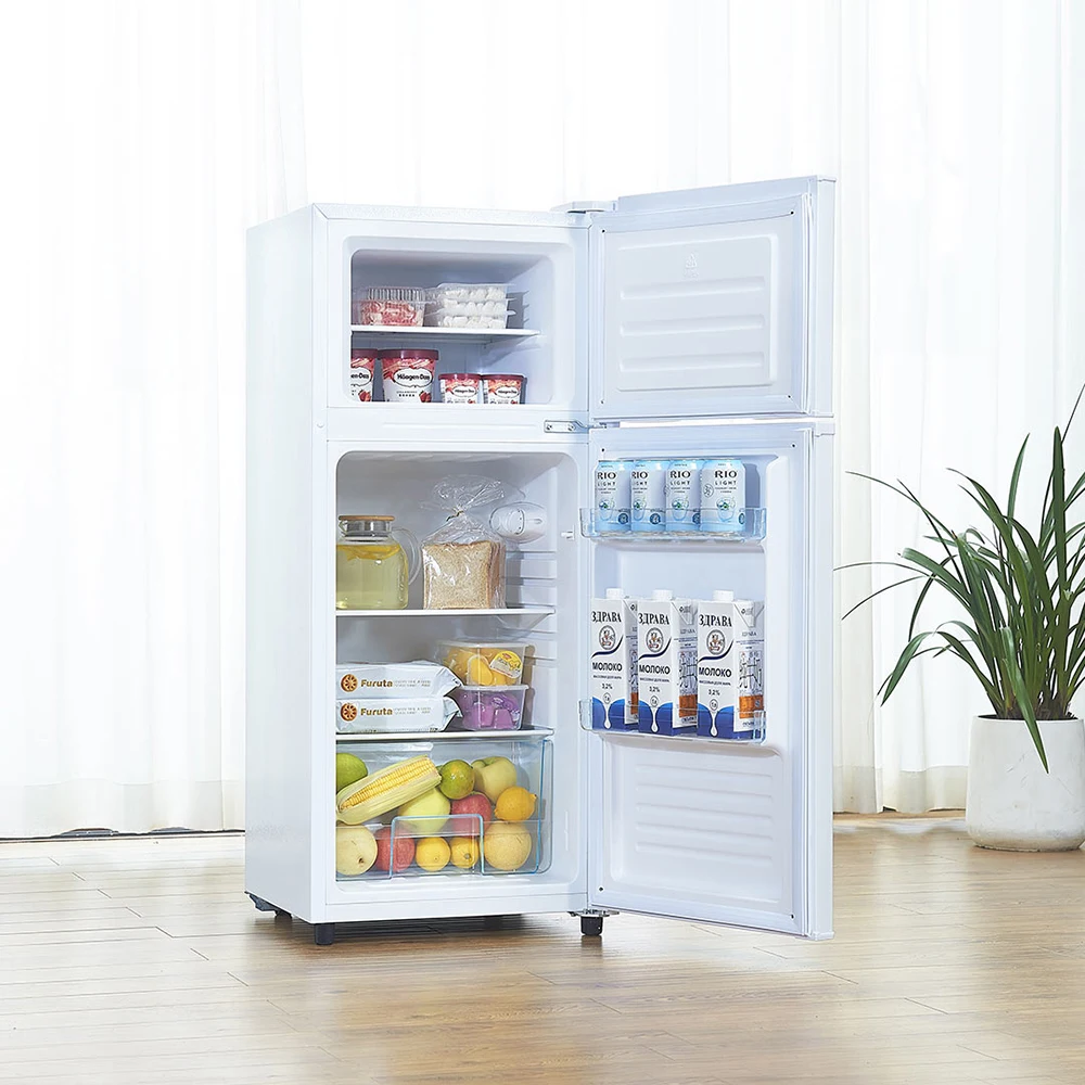 Practical appliance Double Door Refrigerator 108L Top Freezer with solar system DC 12 24V Fridge energy saving