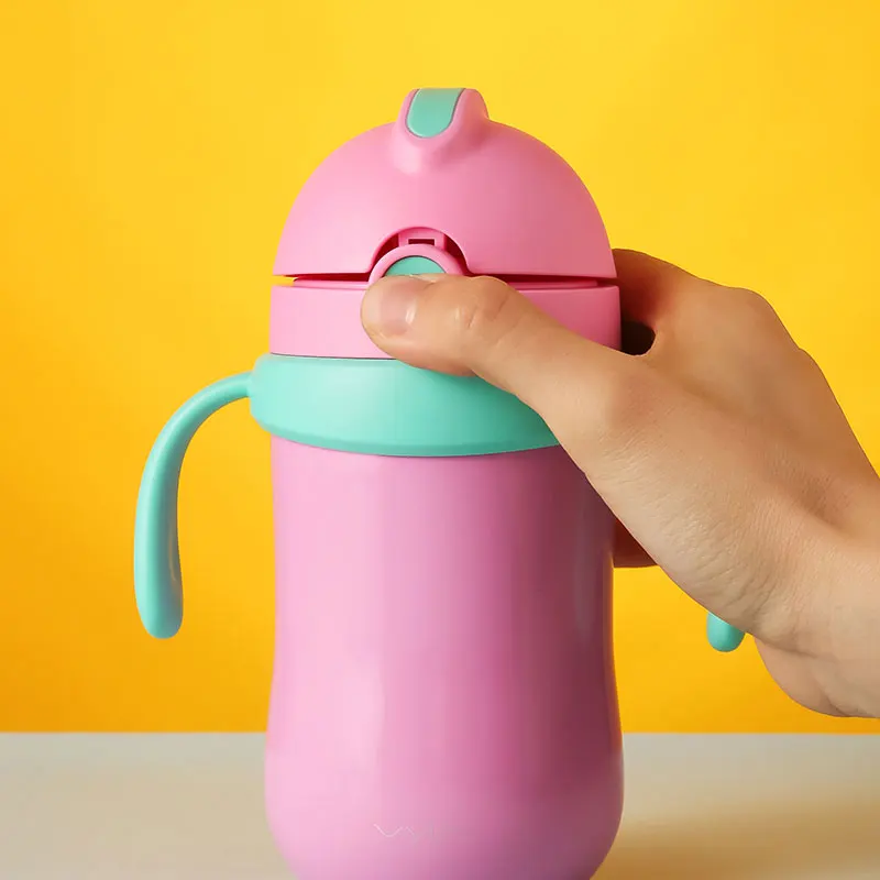 BPA Free Easy Grip Children  Water Bottle Stainless Steel Double Wall Insulated Straw Toddler Baby Sippy Thermos Cup