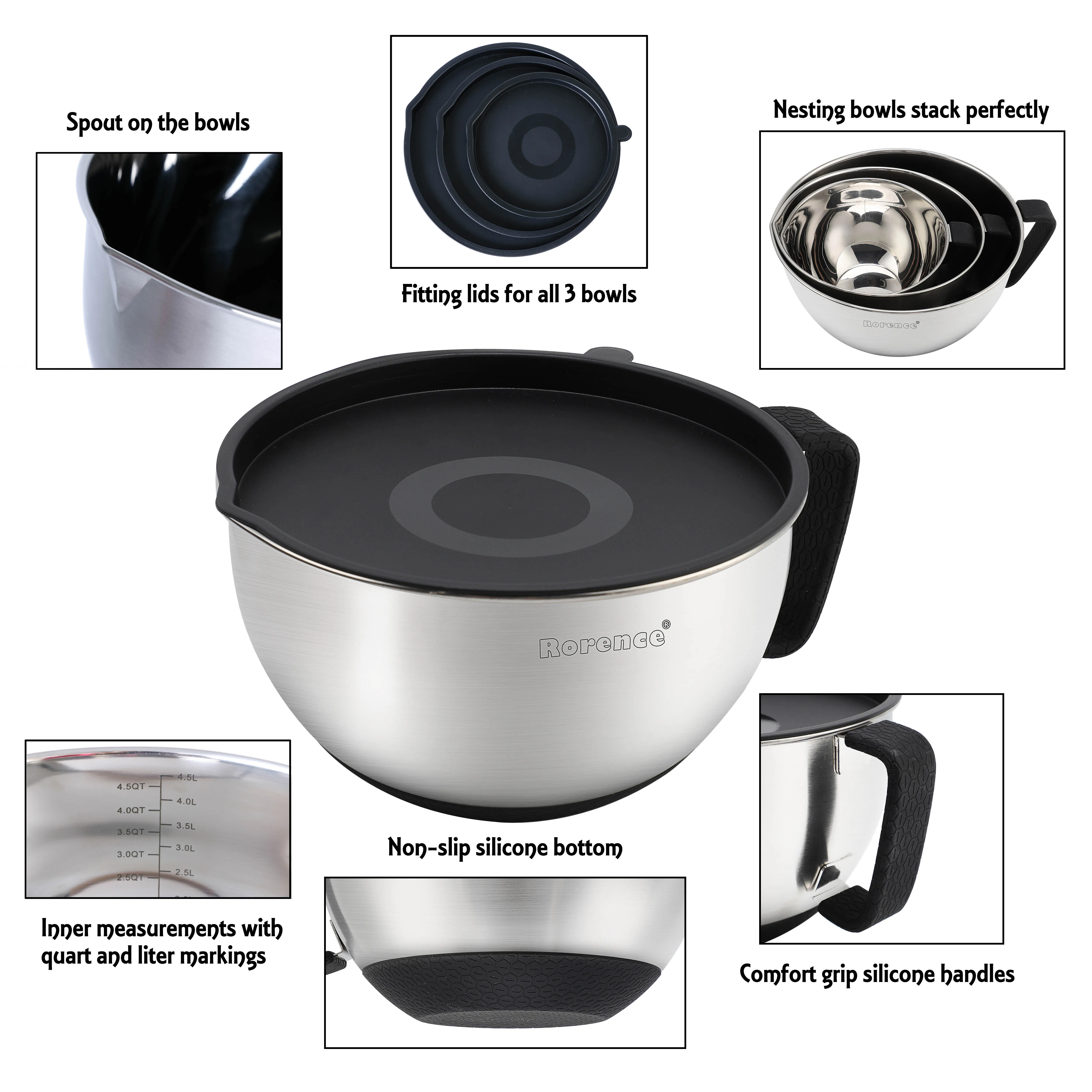 IN STOCK Rorence Kitchen Baking Non-Slip Mixing Bowl Food Container Stainless Steel Salad Mixing Bowls Set With Lids and Handle