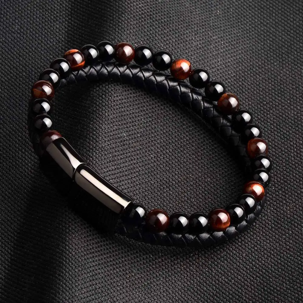 Punk Tiger Eye Lava Men Natural Stone Bead Stainless Steel Magnetic Clasp Black Genuine Leather Bracelet