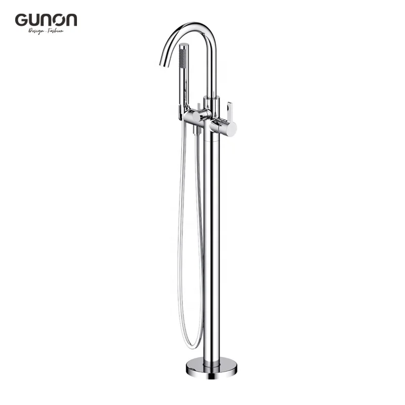 Gunon chrome floor standing bathroom mixer faucets free stand bath mixer with hand shower