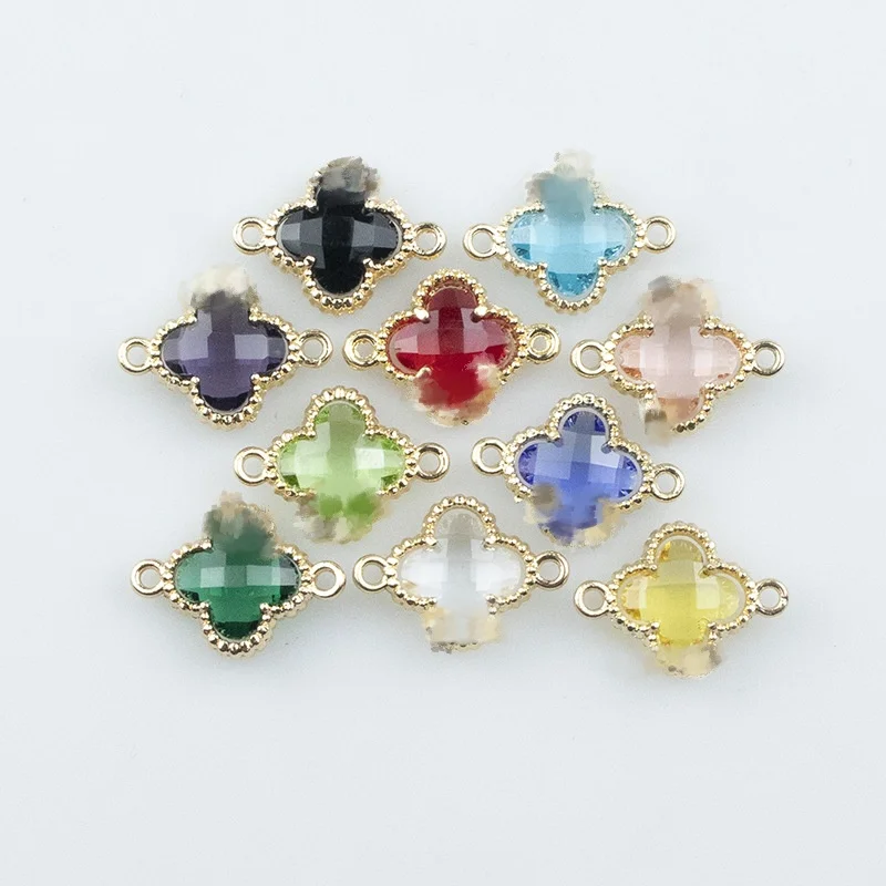 New arrival diy jewelry parts alloy double ring glass colorful four leaf clover pendant necklace accessories