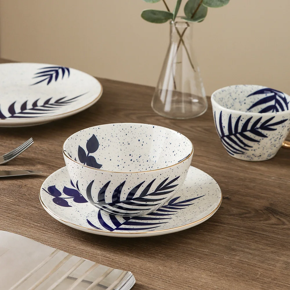 Chinese Leaves Pattern Cereal Bowl Porcelain Golden Line Small Ceramic Bowls for Crackers, Fruits, Brie and Meat