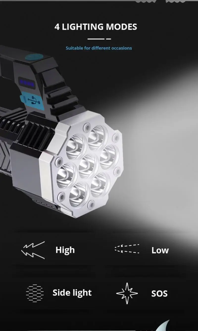 wholesale 7 led plastic strong light hand  flashlight outdoor portable cob side light multi-function usb charging searchlight