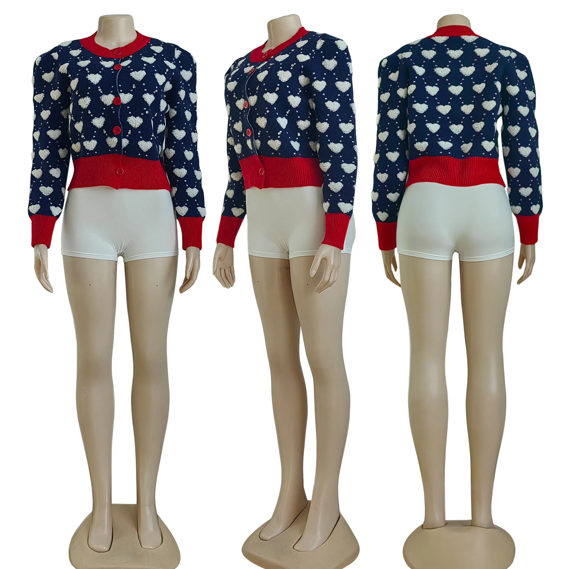 New Stylish Button Knitted Long Sleeve Crochet Cardigan Sweater Women Pink Valentines Heart Sweaters Cardigan Sweaters for Women