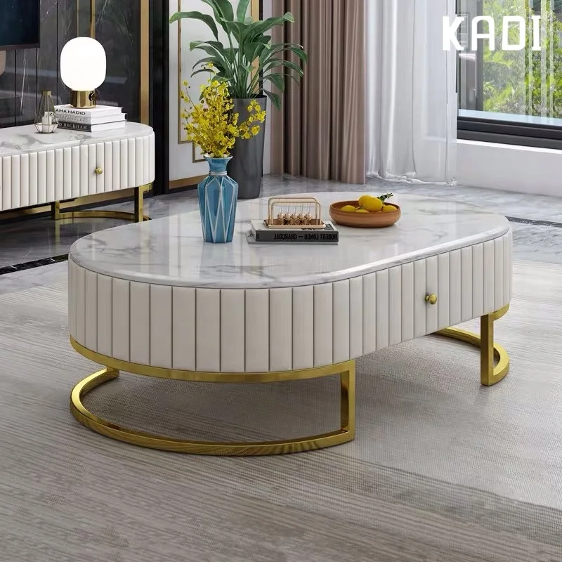modern coffee table luxury marble top  table stainless steel frame cabinets oval shape living room furniture tv stand