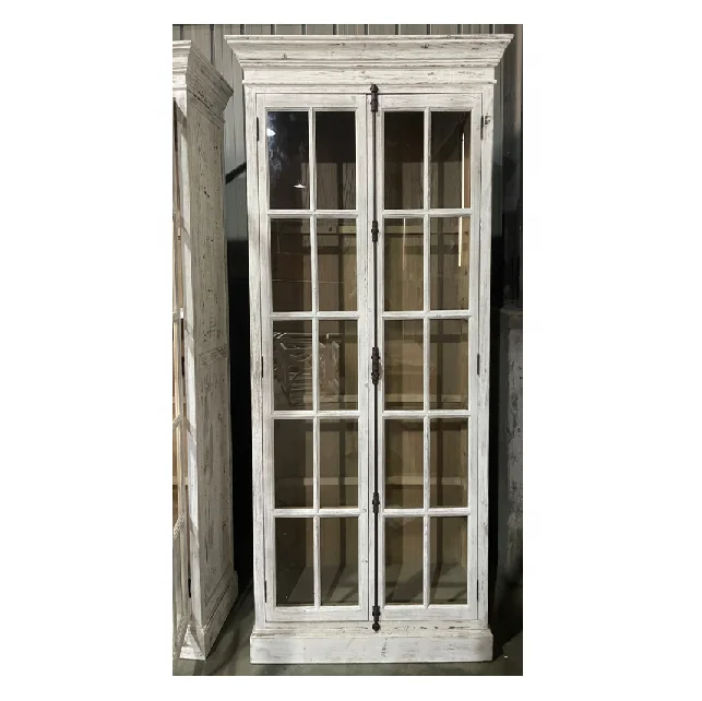 Traditional white wooden kitchen cabinet sideboard with glass panel doors