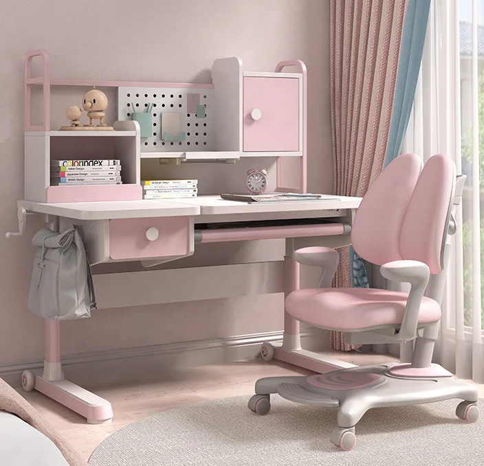 Wood top metal frame height adjustable study table and chaire for kids children furniture customized