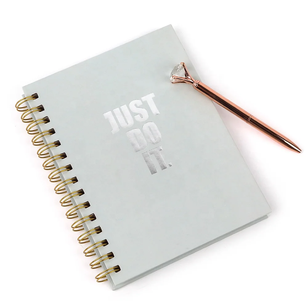 Wholesale High Quality Paper Logo Printed Note Book Stationary Green Spiral Coil Positivity Journal and Pen Set Notebooks