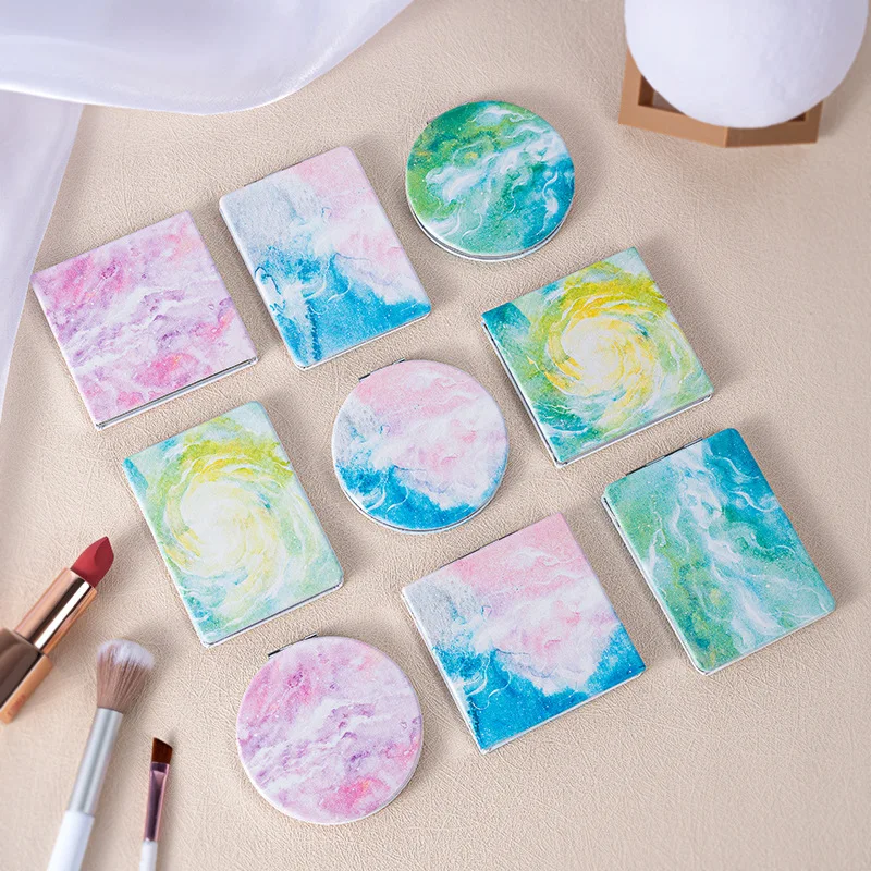 PU Watercolor double-sided handheld cosmetic mirror small pocket folding mirror round square shape compact mirrors magnifier