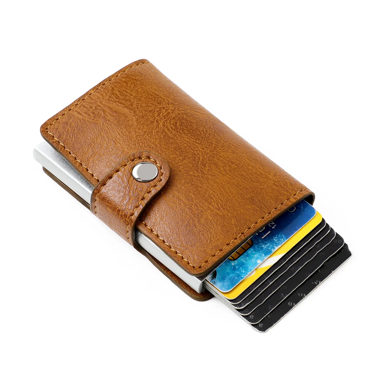 Good price Wholesale RFID Blocking Automatic Aluminium Pop Up Credit Card Real PU Leather Business Card Holder