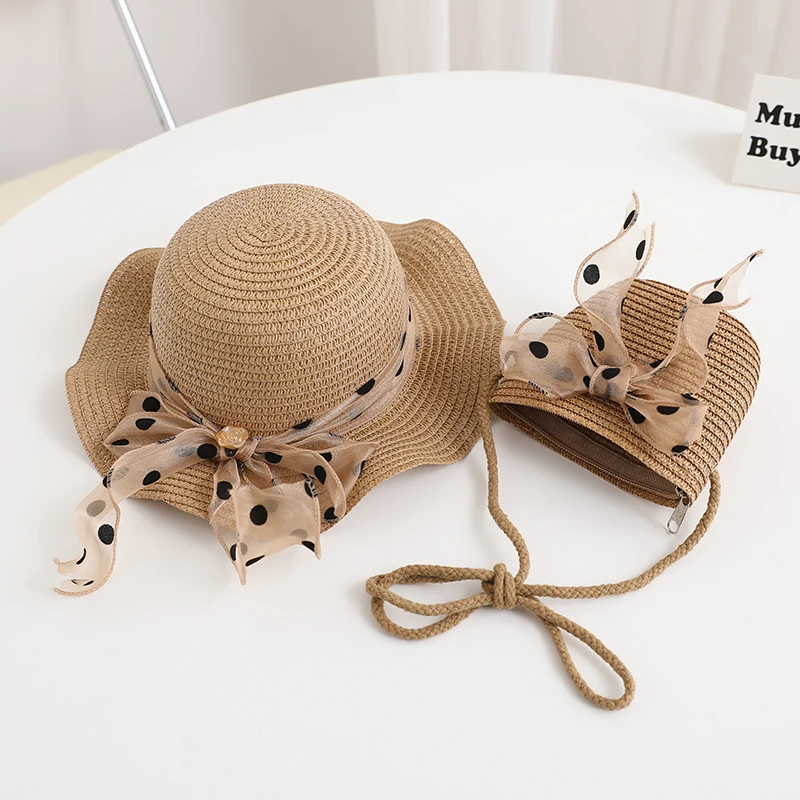 Summer Kids BagSet Luxury Ribbon Wide Wave Brim Bowknot Spotted Sweet Cute Sunshade Hat For Beach Outdoor Girl Bag Straw Hat Set