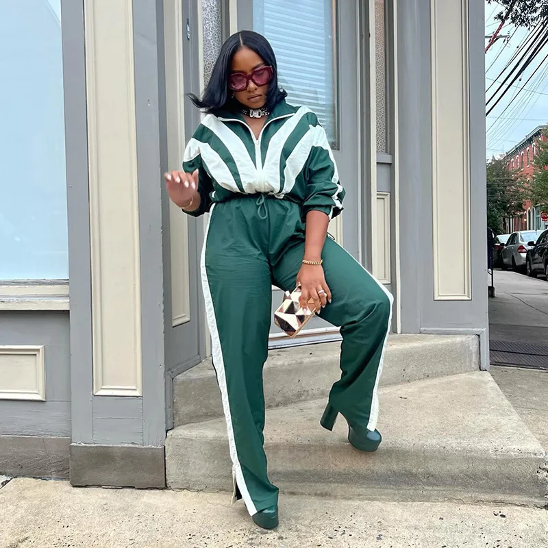 Spring splicing long sleeved short jacket and pants casual two piece women clothing set