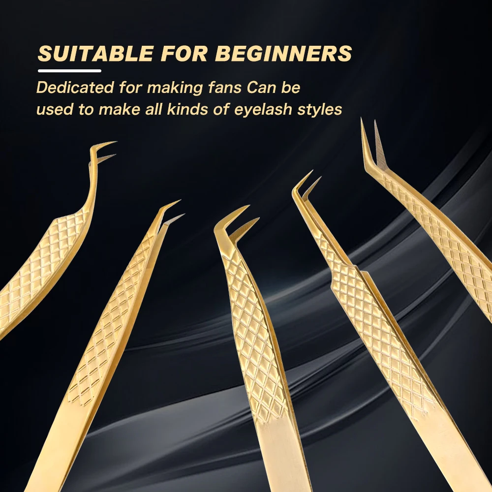 Eyelash Extension Tweezers With Fiber Tips Golden Stainless Steel High Precision Tweezer for Volume Fans Makeup Tools