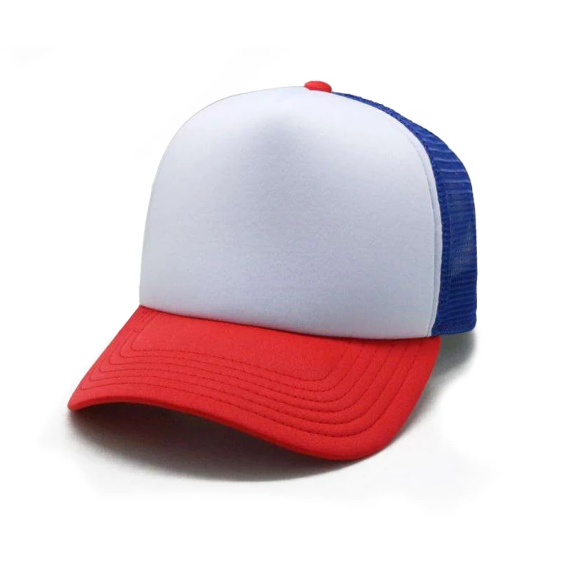 BSCI Custom 3D Puff Embroidery Logo fabric mesh HAT design white panel with red brim and blue Foam Baseball Cap