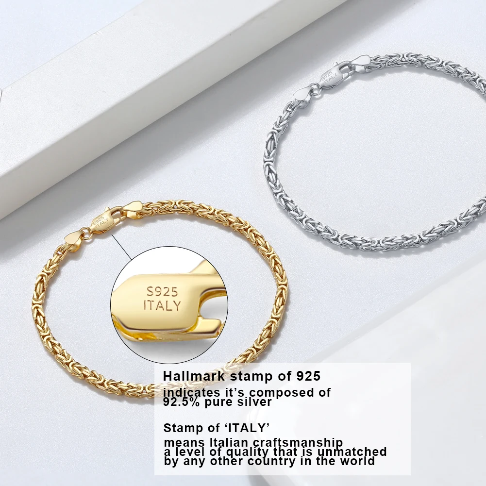 RINNTIN SB122 Handmade Italian 925 Sterling Silver 18K Gold 2.5mm Flat Byzantine Link Chain Bracelet for Women Men