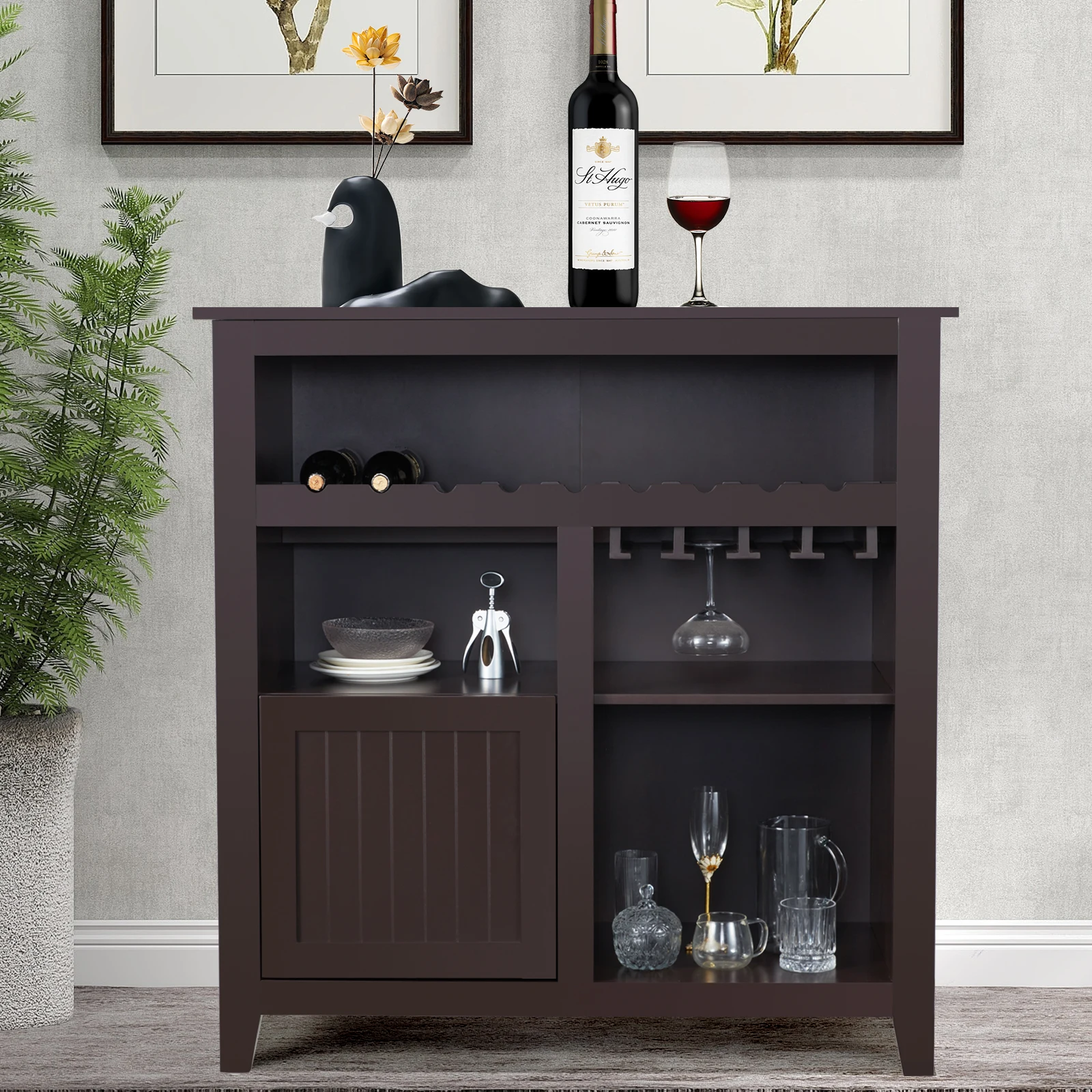 Wine Cabinet Bar Storage Cabinet with Wine Rack & Open Doors Buffet Sideboard for Kitchen Dining Room Living Room