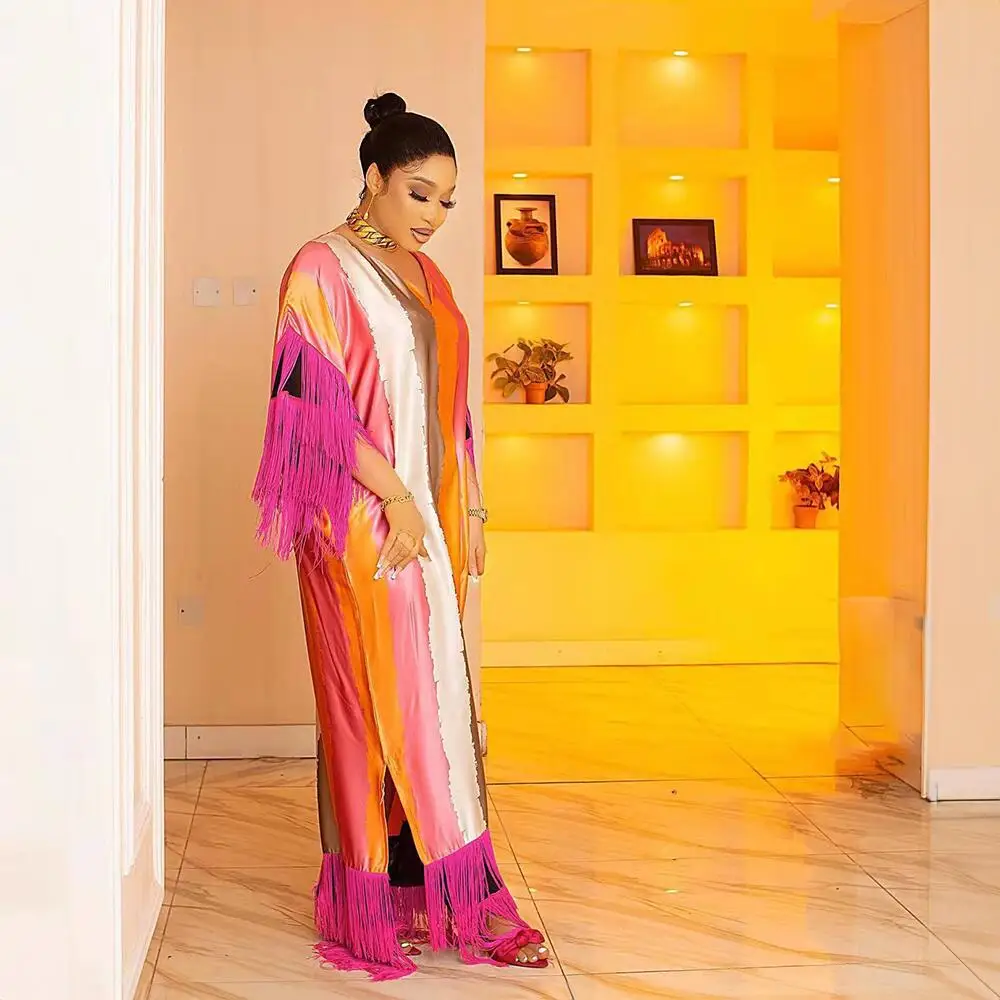 Fashion Style Traditional African Dress Ethnic Silk Patchwork African Robe Tassels Colorful African Dresses for Women Clothing