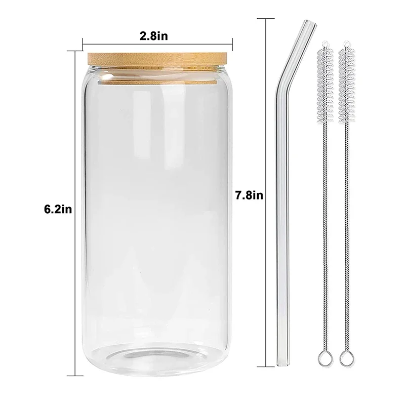 10OZ Drinking Glass Can Shaped Glass Cups with Bamboo Lids and Glass Straws for Juice Beverage Milk