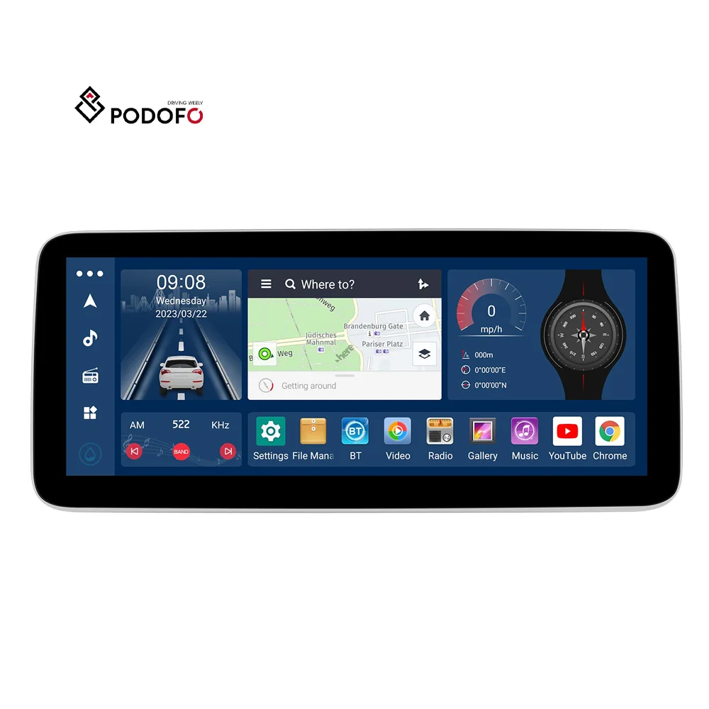 Podofo 12.3' IPS Screen 8-Core Android 13 Car Radio Stereo 2+32/4+64G Carplay Android Auto WIFI&4G GPS BT FM/AM/RDS DSP OEM